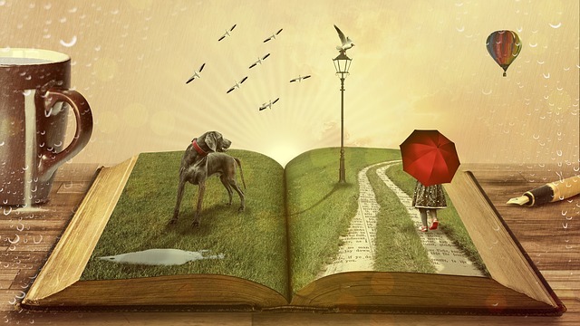 open book with dog and person with umbrellas inside